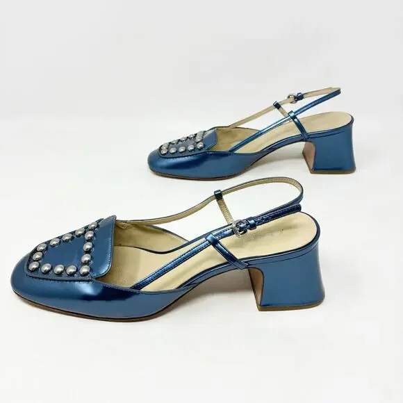 Coach Patent Leather Metallic Blue Studded Block Heel Sling Back Mules 8 - Picture 1 of 7